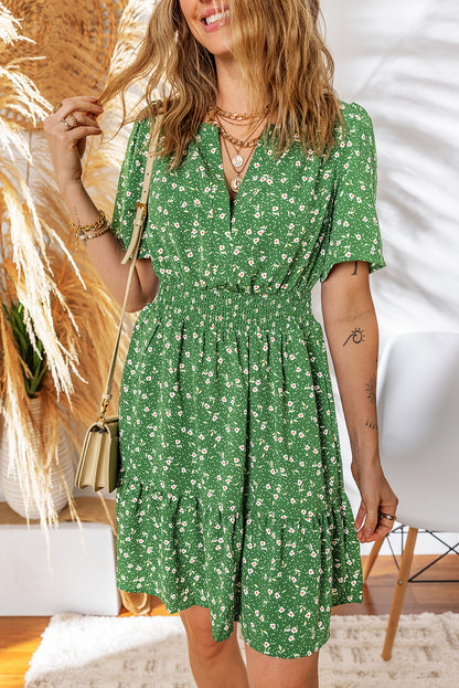 Green Floral Print Wrap V Neck Short Sleeve High Waistband Mini Dress