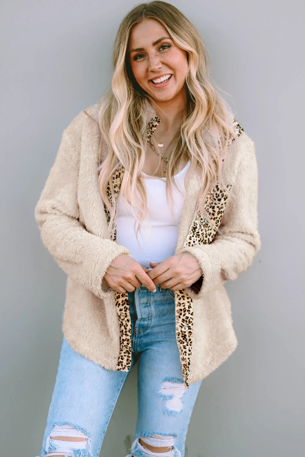 Apricot Leopard Patched Zipped Pocket Fleece Jacket - Chic Meadow Boutique 