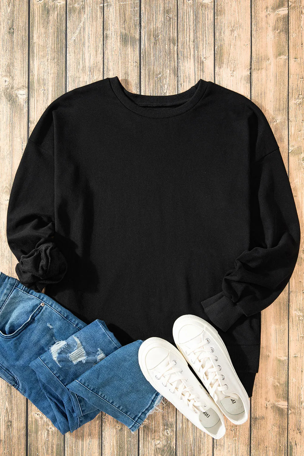 Black Solid O Neck High Low Hem Pullover Sweatshirt - Chic Meadow Boutique 