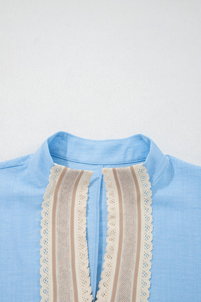 Beau Blue Crochet Lace Accent Pullover Rolled Short Sleeve Blouse