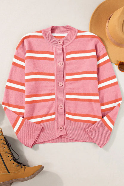 Pink Stripe Drop Shoulder Buttons Cardigan Sweater - Chic Meadow Boutique 