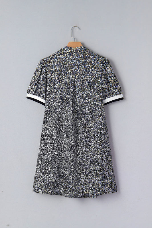 Black Leopard Print Contrast Striped Trim Polo Collar Short Sleeve Dress with Pockets