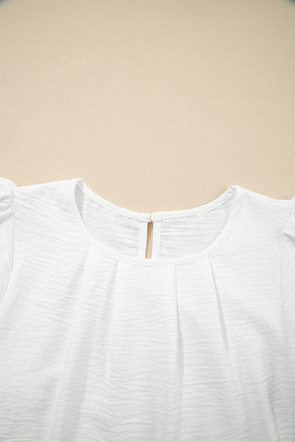 White Flounce Sleeve Pleated Textured Blouse