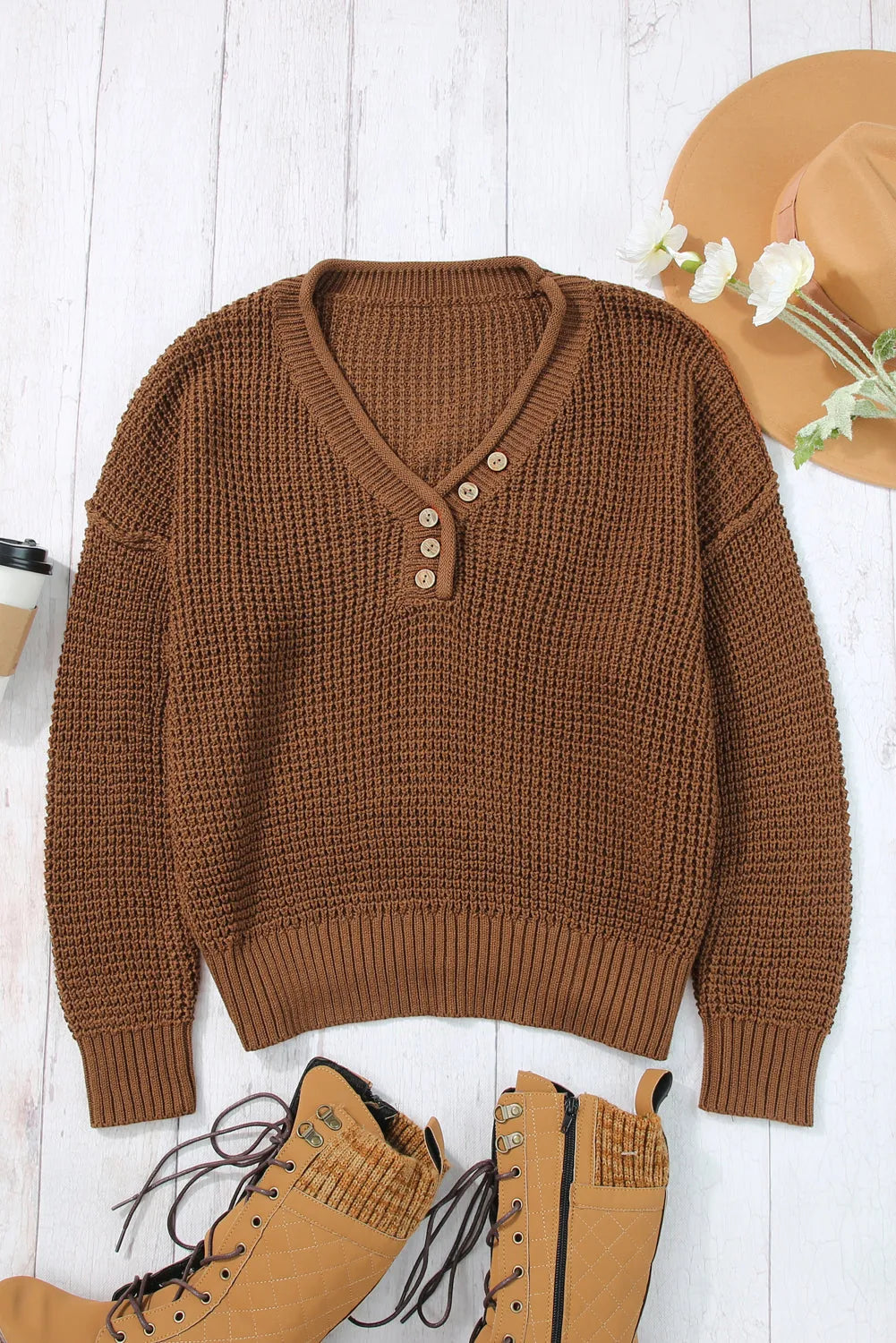 Coffee Pointelle Knit Button V Neck Drop Shoulder Sweater - Chic Meadow Boutique 