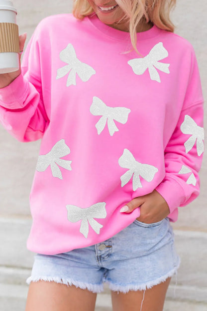 Bonbon Sequin Bowknot Graphic Drop Shoulder Pullover Sweatshirt - Chic Meadow Boutique 