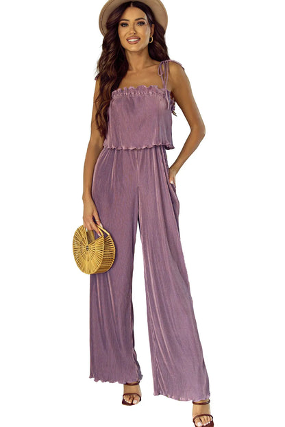 Rose Tan Solid Self Tied Straps Pleated Wide Leg Jumpsuit - Chic Meadow Boutique 