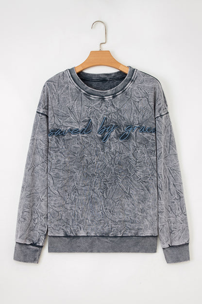 High-rise saved by grace Letter Embroidery Mineral Wash Loose Sweatshirt