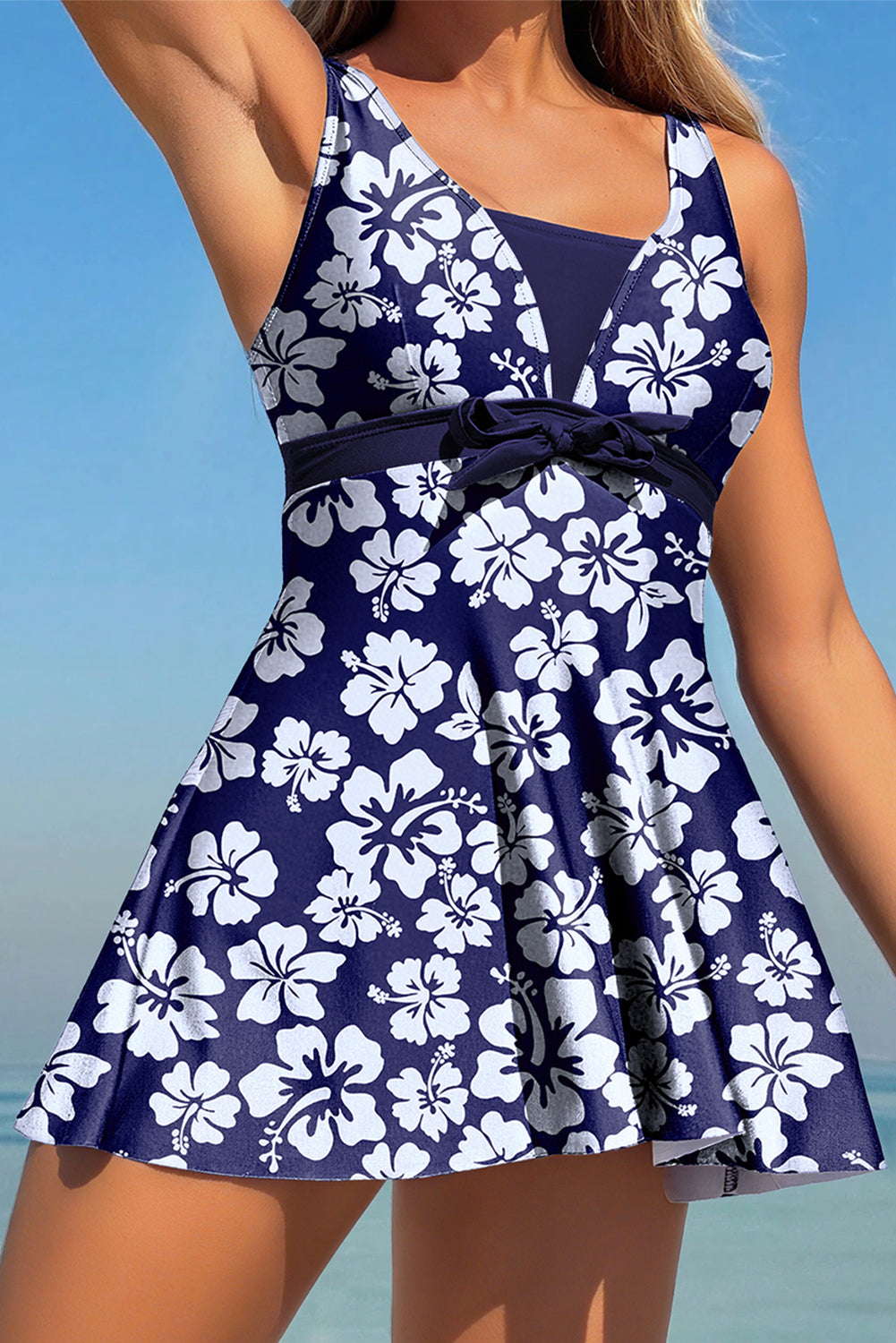 Blue Floral Print Patchwork Bow Knot Detail Sleeveless Swim Dress