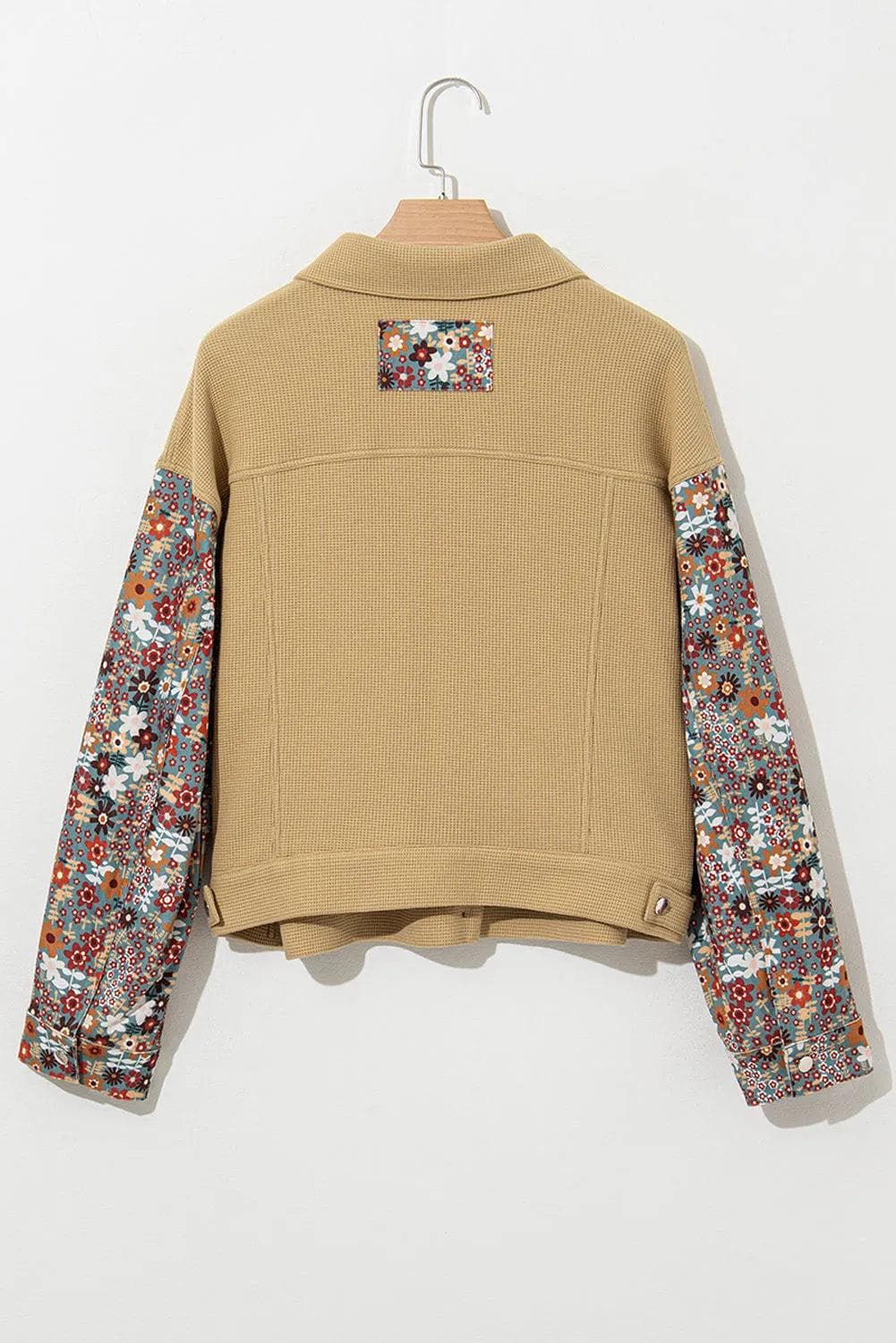 Outerwear/Jackets Khaki Waffle Knit Floral Print Patchwork Button up Jacket