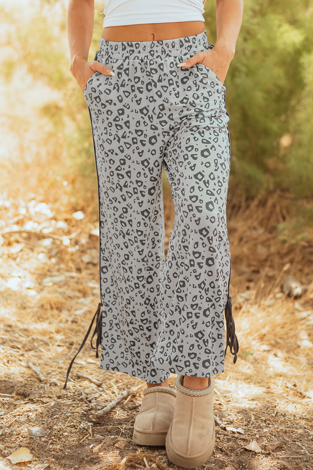 Khaki Leopard High Waist Side Bow Straight Leg