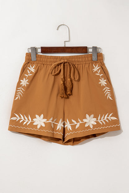 Khaki Embroidered Boho Tasseled Drawstring Elastic Waist Casual shorts