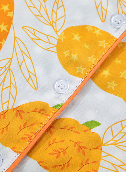 Orange Short Sleeve Pumpkin Print Polka Dot Trim Pocket Pocket Placket Home Wear Lounge Set