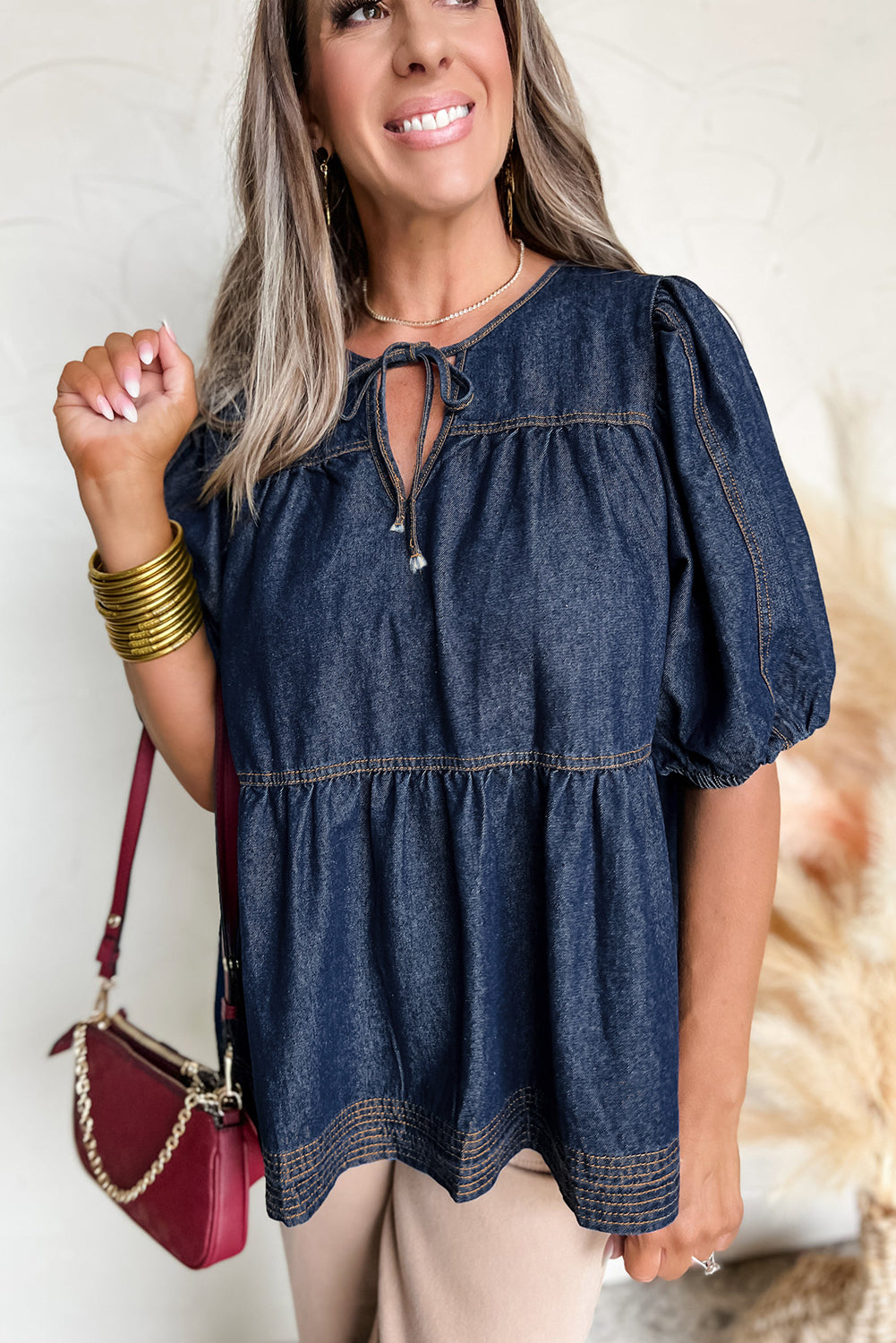 Sail Blue Puff Sleeve Lace-up Neckline Splicing Denim Blouse