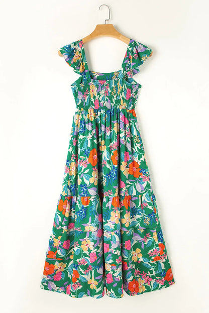 Green Floral Print Sleeveless Ruffle Tiered Maxi Dress - Chic Meadow Boutique 