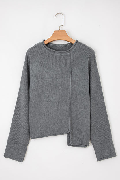 Medium Grey Raw Edge Uneven Hem Patchwork Drop Shoulder Sweater