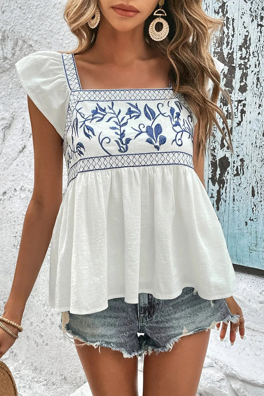 White Embroidered Bust Square Neck Peplum Blouse - Chic Meadow Boutique 