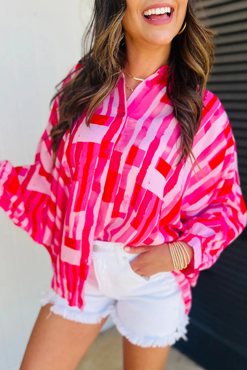 Tops/Blouses & Shirts Pink / S / 100%Polyester Pink Abstract Print Batwing Sleeve Casual Shirt