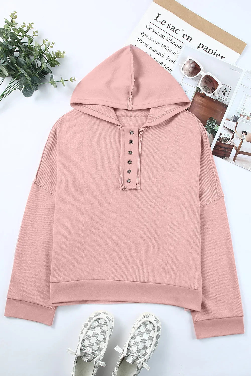 Pink Casual Button Solid Patchwork Trim Hoodie - Chic Meadow Boutique 