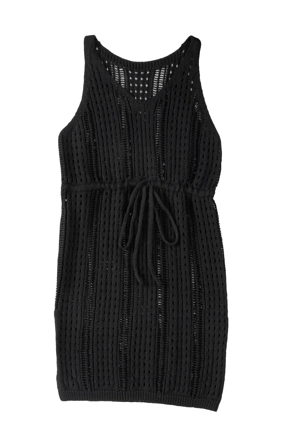 Black Crochet Hollow-out Sleeveless Beach Dress with Drawstring - Chic Meadow Boutique 