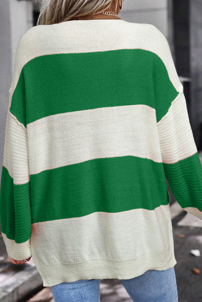Green Stripe Loose Color Block Drop Shoulder Bubble Sleeve Sweater