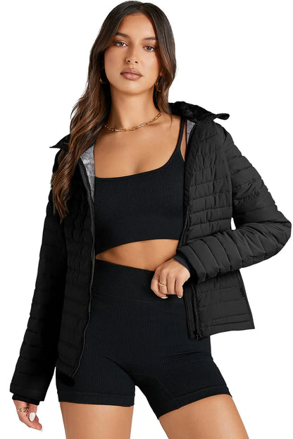 Black Solid Color Quilted Zip-up Puffer Jacket - Chic Meadow Boutique 