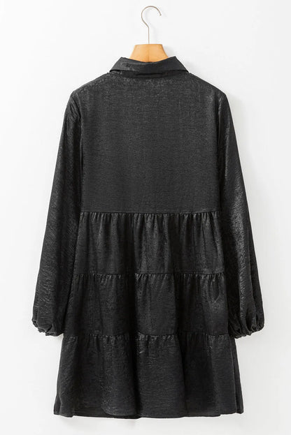 Black Metallic Sheen Puff Sleeve Button Up Mini Shirt Dress - Chic Meadow Boutique 