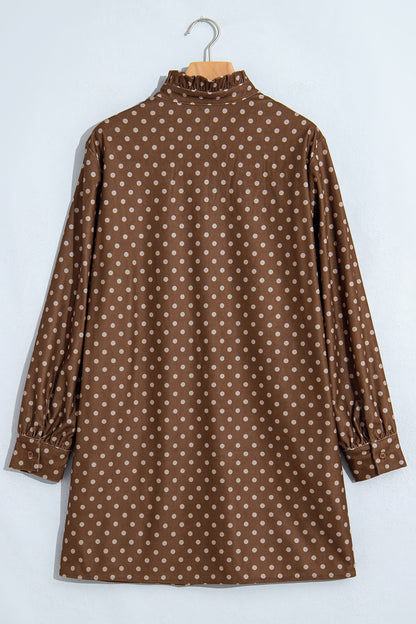 Brown Polka Dot V Neck Long Sleeve Button Shift Dress