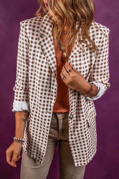 Chestnut Check Print Single Button Lapel Collar Blazer - Chic Meadow Boutique 