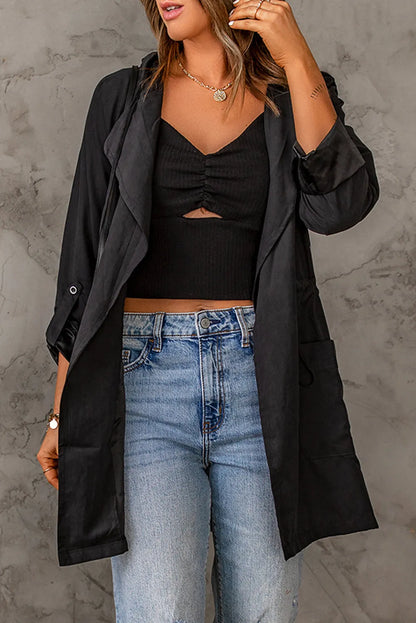 Black Drawstring Turndown Collar Hooded Outerwear - Chic Meadow Boutique 