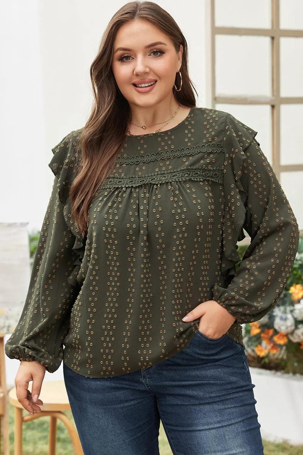 Plus Size/Plus Size Tops/Plus Size Blouses & Shirts Mist Green / 1X / 100%Polyester Mist Green Plus Lace Swiss Dot Ruffle Long Sleeve Top