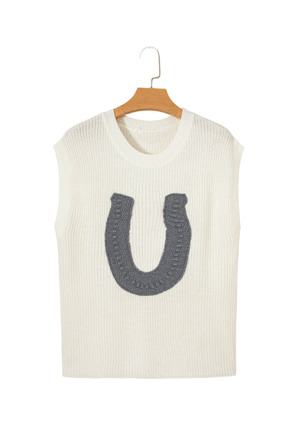 White Crochet Horseshoe Short Sleeve Knit Sweater