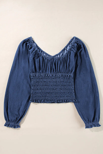 Dark Blue Smocked Ruffled Puff Sleeve V Neck Denim Blouse - Chic Meadow Boutique 