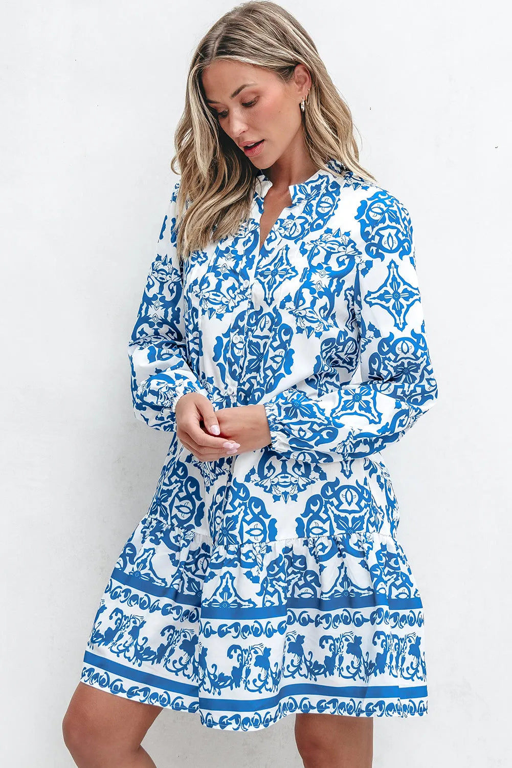 Sky Blue Tribal Print Button Up Notch Neck Loose Mini Dress - Chic Meadow Boutique 