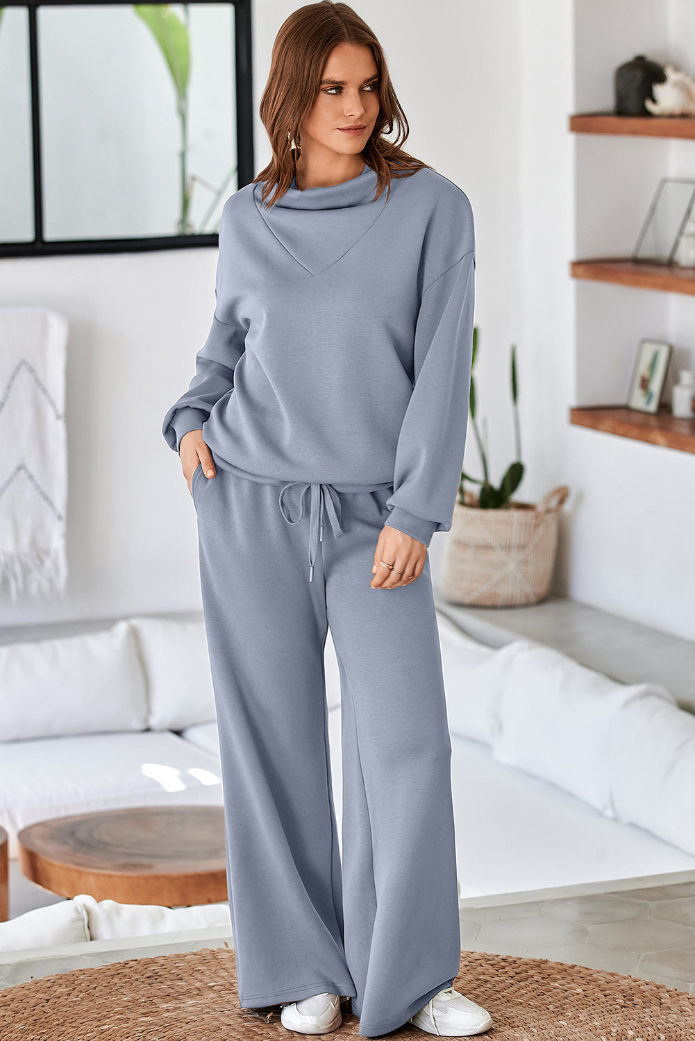 Dusk Blue Solid Color Cowl Neck Drawstring Pullover Wide Leg Athleisure Pants Set