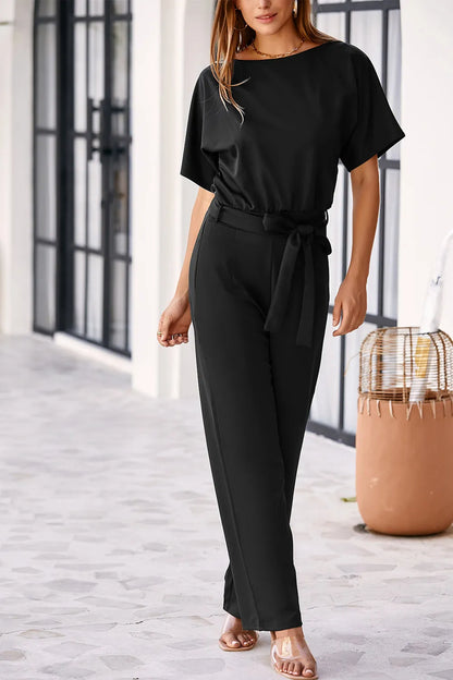 Black Belted Wide Leg Jumpsuit - Chic Meadow Boutique 