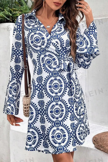 Blue Floral Print V Neck Wrapped Knot Long Sleeve Dress - Chic Meadow Boutique 