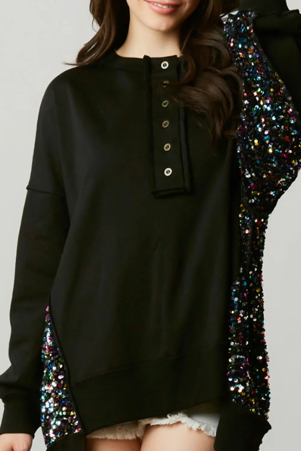 Black Sequin Patchwork High Low Hem Henley Sweatshirt - Chic Meadow Boutique 