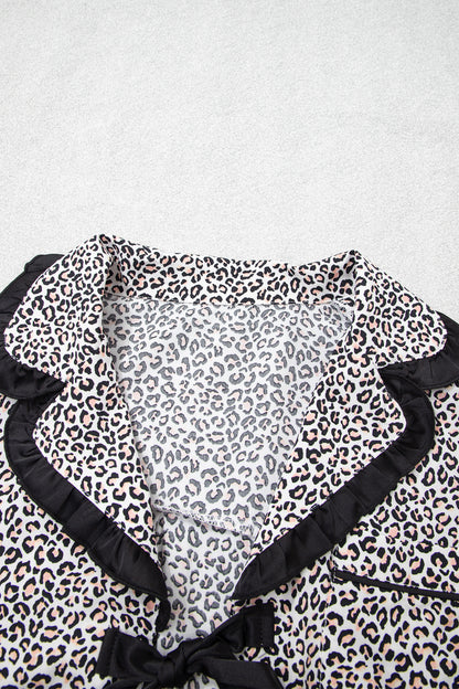 Brown Leopard Print Bow Knot Patchwork Long Sleeve Lounge Set