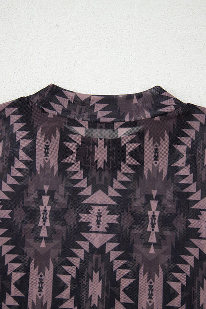 Brown Aztec Print Mock Neck Short Sleeve Mesh T Shirt