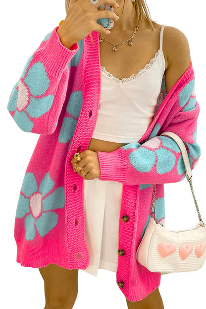 Strawberry Pink Floral Print Button up Knitted Cardigan - Chic Meadow Boutique 