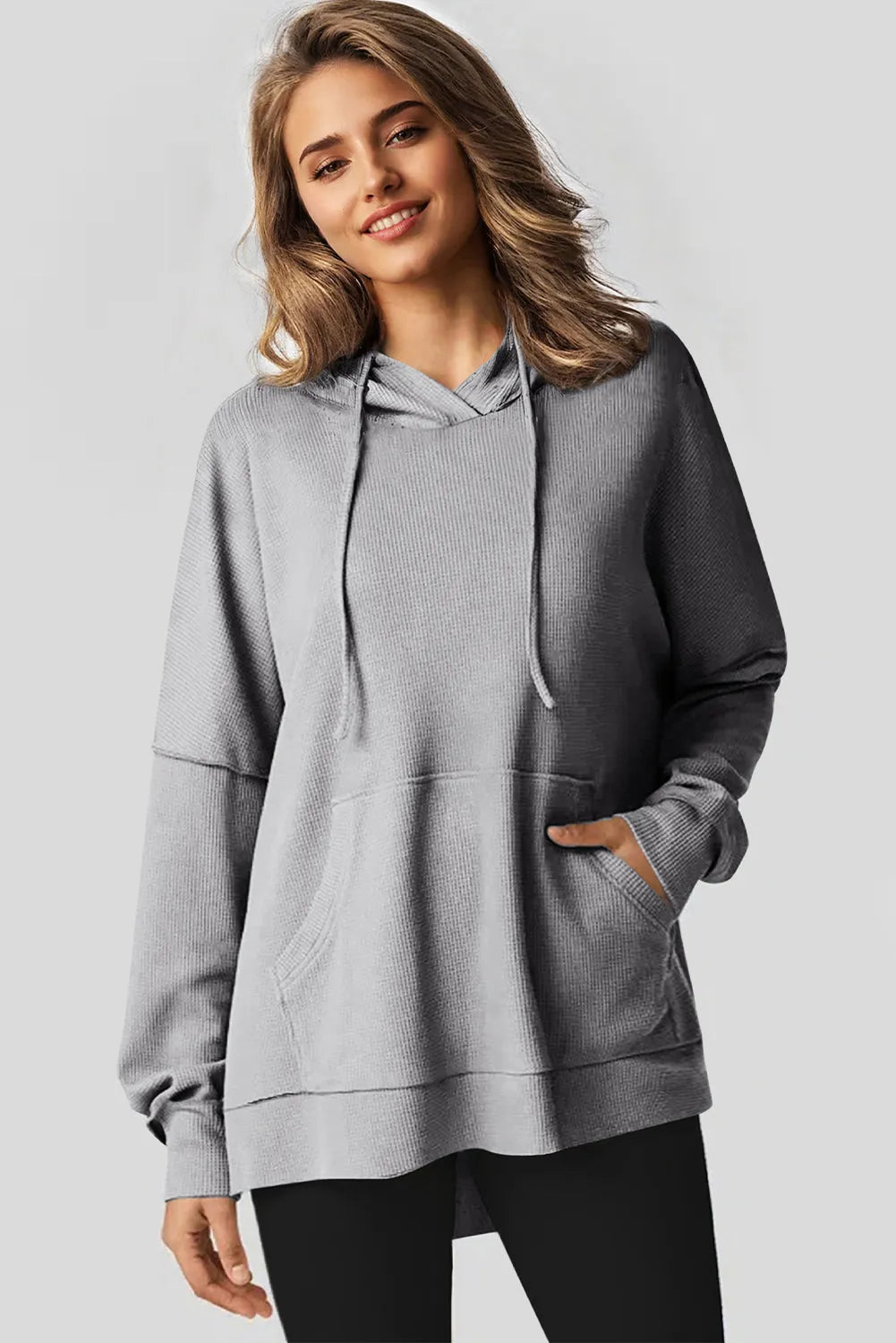 Gray Waffle Knit Fleece Lined High Low Oversized Hoodie - Chic Meadow Boutique 