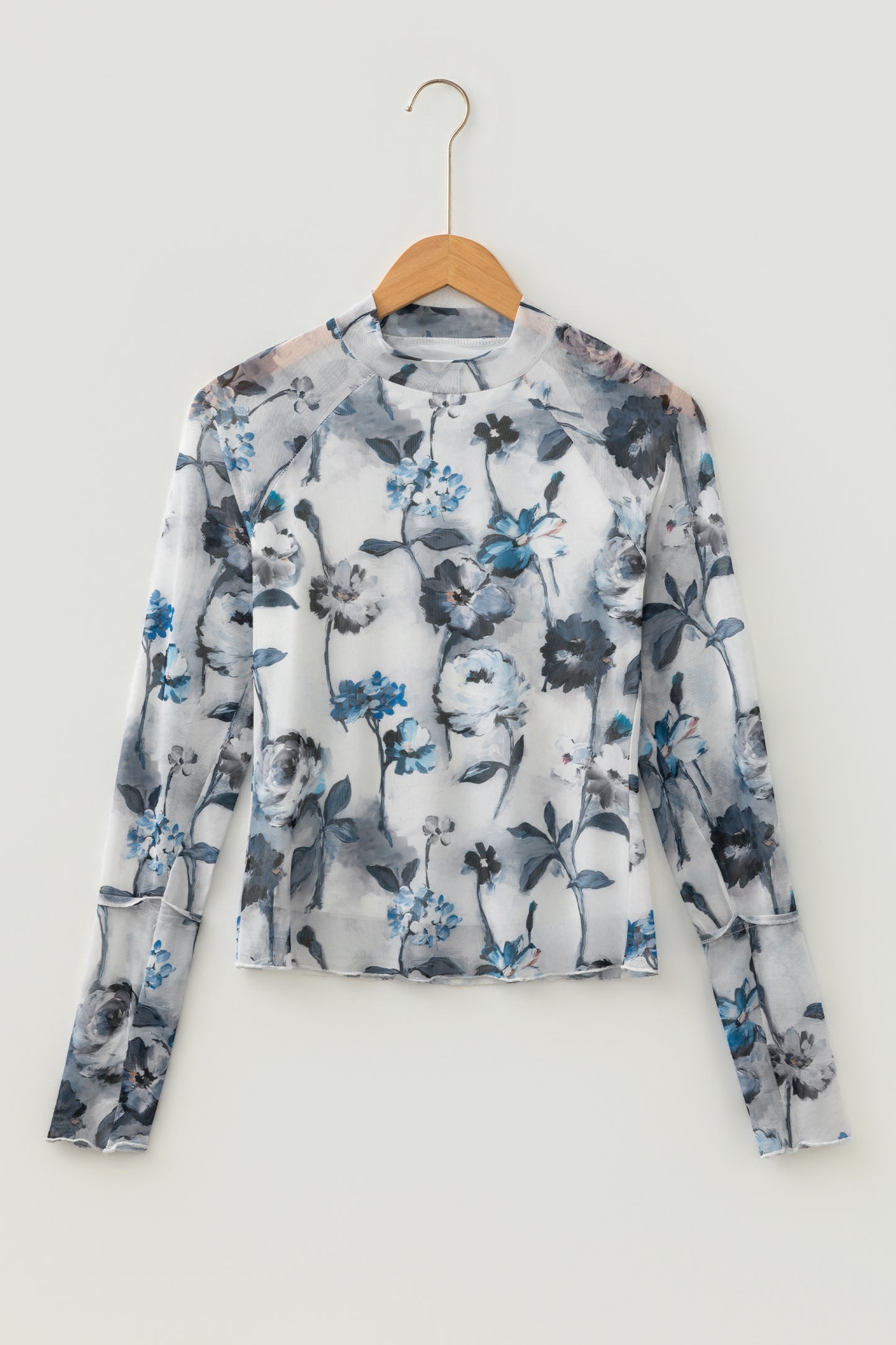 Sky Blue Floral Mesh High Neck Long Sleeve Sheath Top