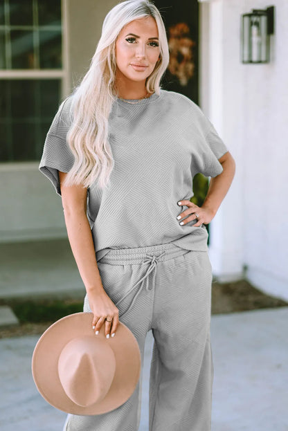 Gray Textured Loose Fit T Shirt and Drawstring Pants Set - Chic Meadow Boutique 