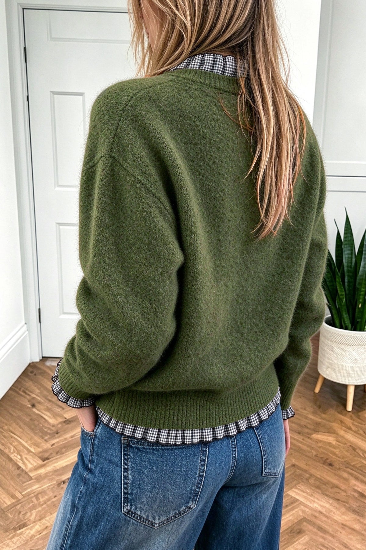 Vineyard Green Contrast Plaid Ruffle Trim Pullover Sweater