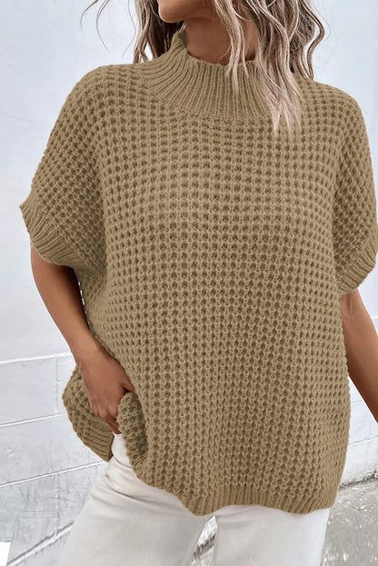 Tops/Sweaters & Cardigans Light French Beige High Neck Short Batwing Sleeve Textured Knit Sweater