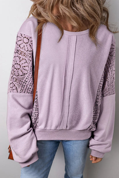 Orchid Petal Knit Crochet Exposed Seam Ribbed Trim Sweatshirt - Chic Meadow Boutique 