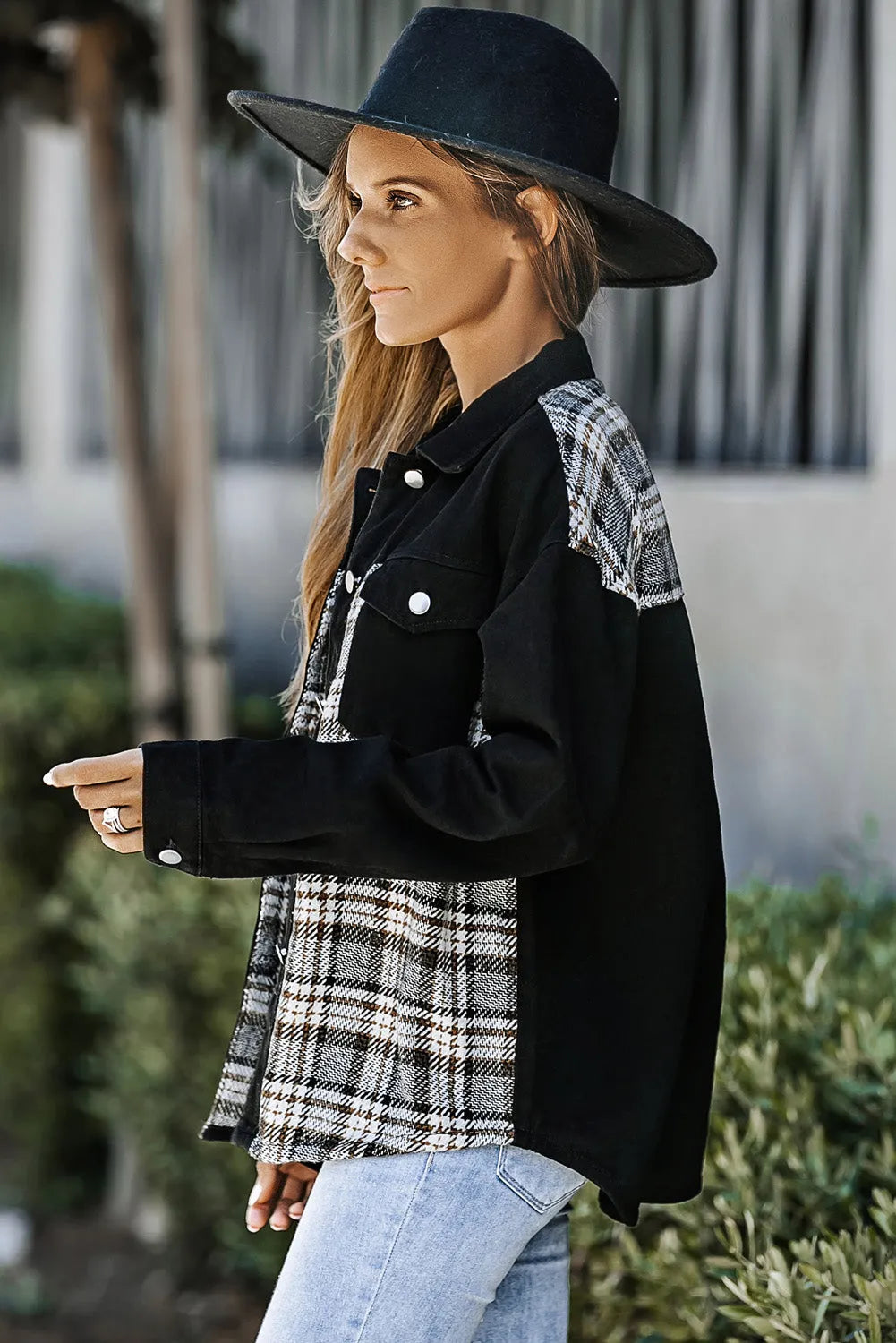 Black Plaid Patchwork Raw Hem Denim Jacket - Chic Meadow Boutique 