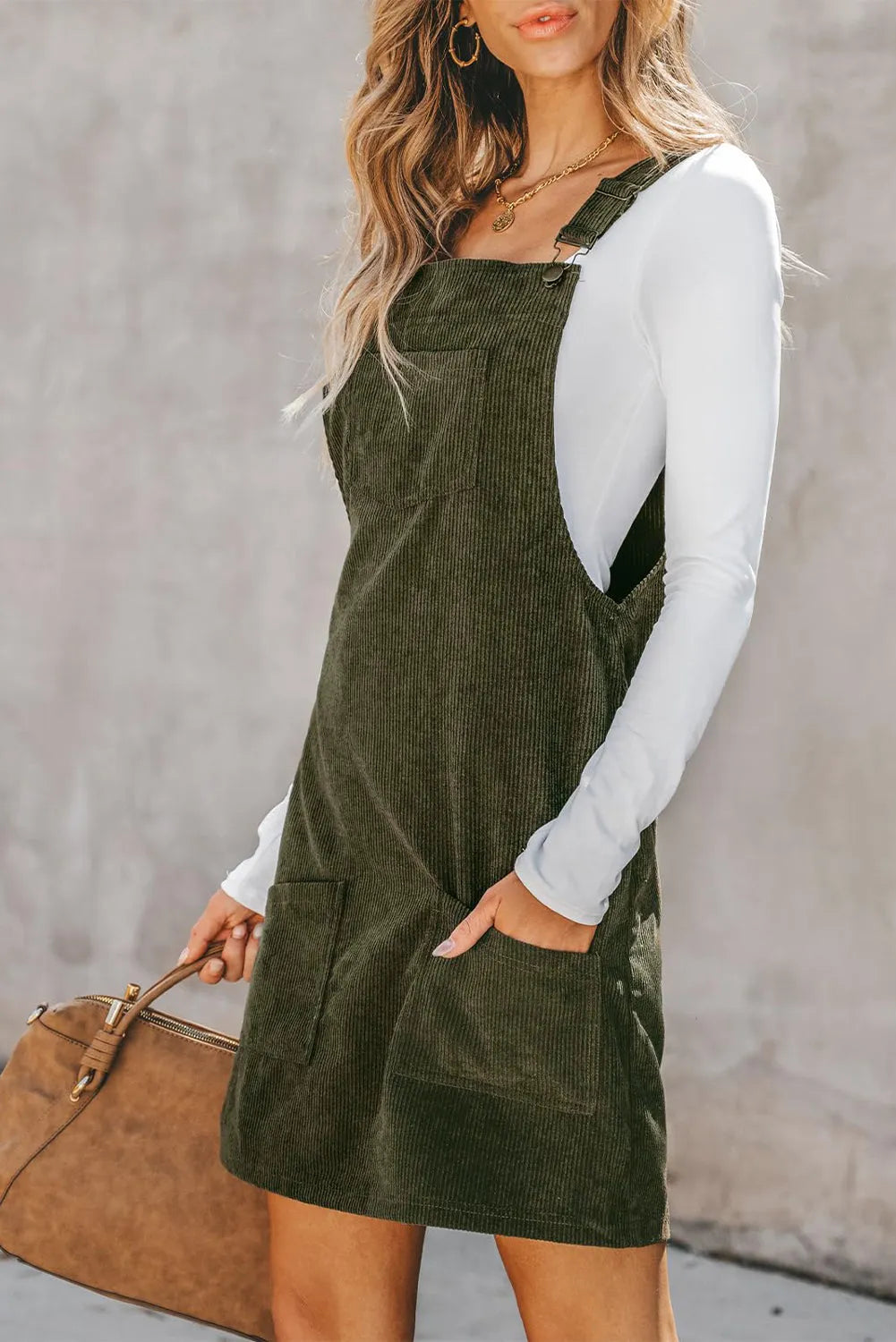 Vineyard Green Solid Front Pockets Sleeveless Corduroy Overall Dress - Chic Meadow Boutique 