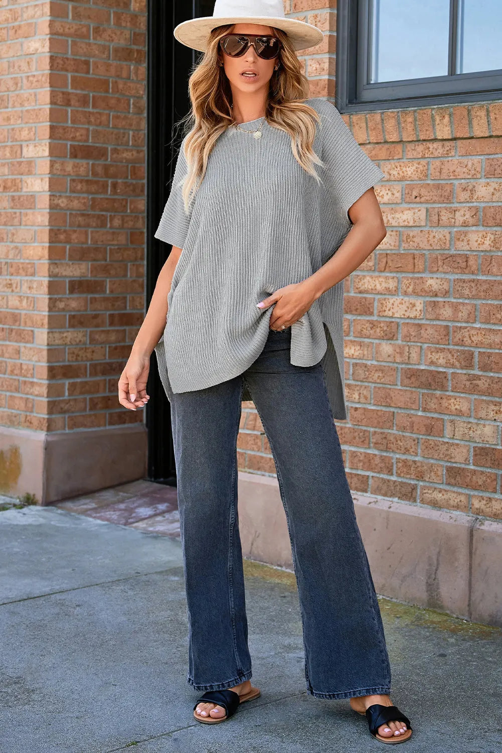 Gray Short Sleeve Side Slit Oversized Sweater - Chic Meadow Boutique 