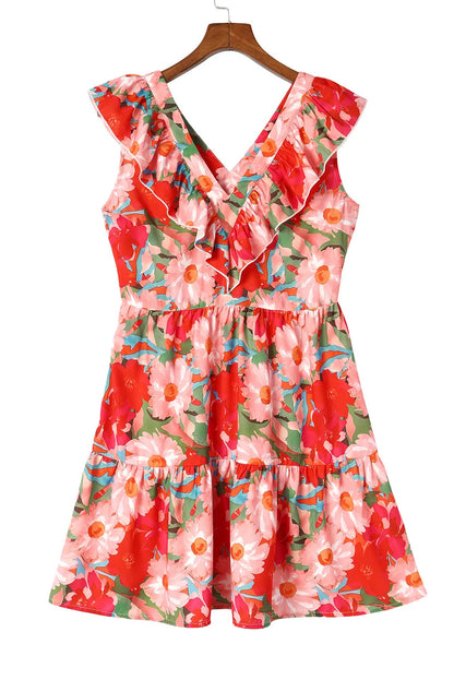 Fiery Red Floral Sleeveless V Neck Frill Mini Dress - Chic Meadow Boutique 